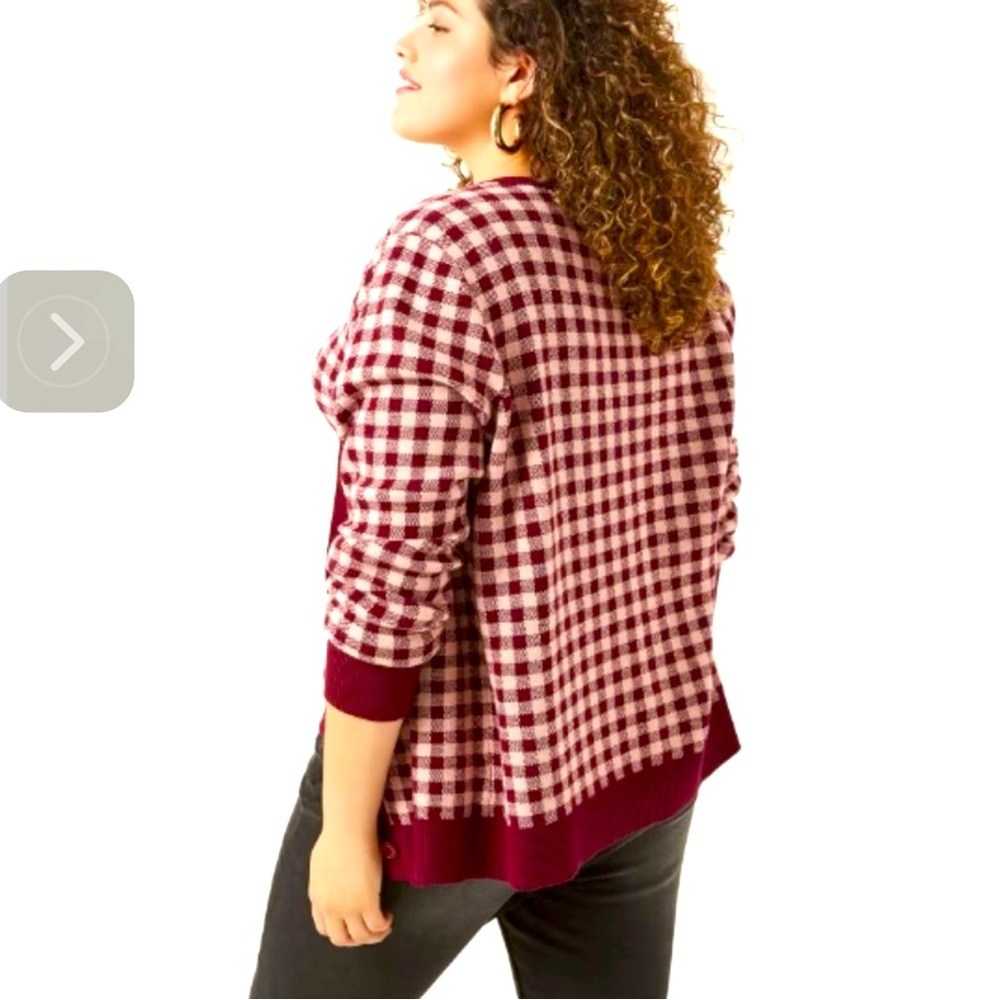 Molly & Isadora Burgundy Pink Gingham Open Front Cardigan Sweater Size 2X